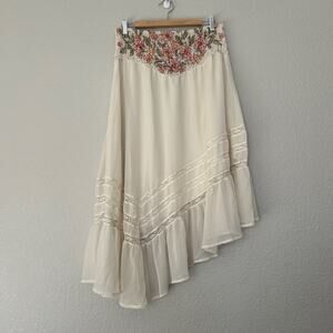 NWT Free People Asymmetrical Cream Boho Long Skirt Floral Elastic Waist Size L
